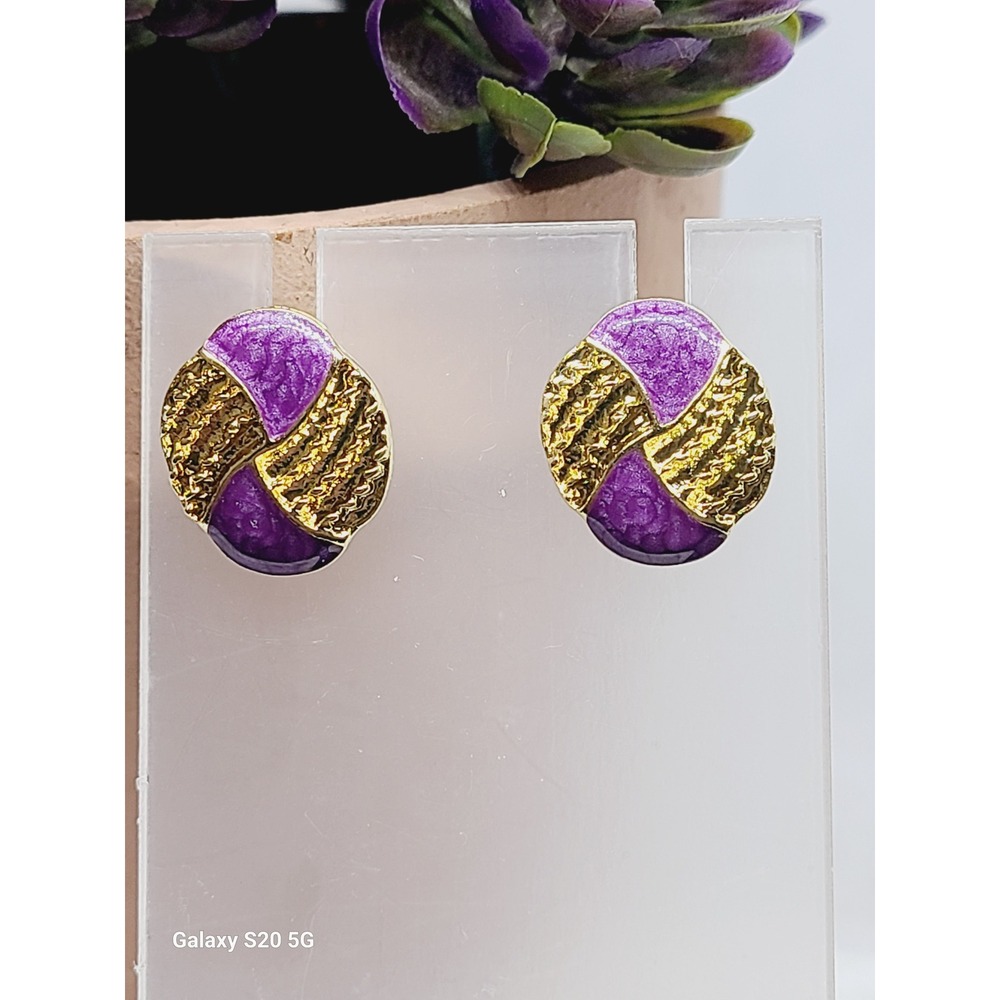 Vintage Style Purple Enamel Gold Textured Round Stud Earrings Retro Statement
